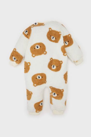 Baby Boy Newborn Bear Patterned Zippered Plush Jumpsuit