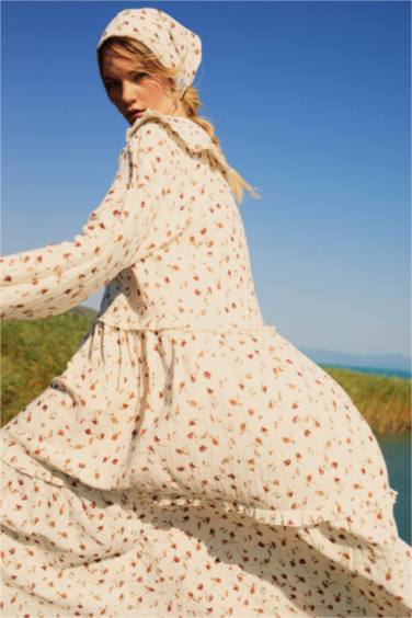 Manuka x DeFacto A Kesim Bebe Yaka Desenli Müslin Maxi Tesettür Elbise