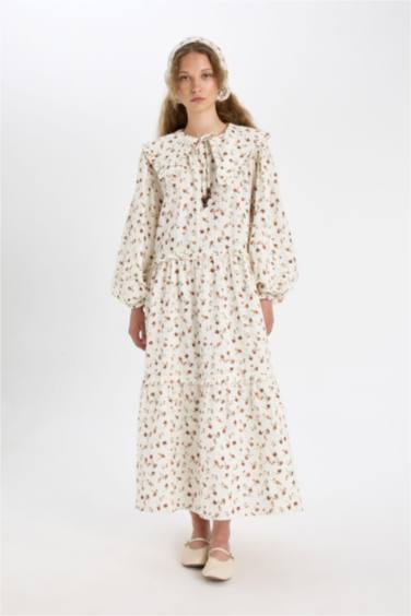 Manuka x DeFacto A Kesim Bebe Yaka Desenli Müslin Maxi Tesettür Elbise