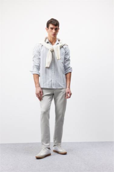 قميص مخطط كم طويل أوكسفورد قصة عادية