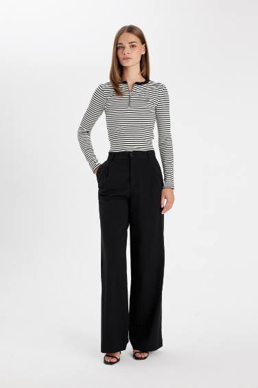 Slim Fit Dar Kesim Bisiklet Yaka Yarım Fermuarlı Çizgili Fitilli Kaşkorse Uzun Kollu Tişört