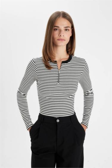 Slim Fit Dar Kesim Bisiklet Yaka Yarım Fermuarlı Çizgili Fitilli Kaşkorse Uzun Kollu Tişört