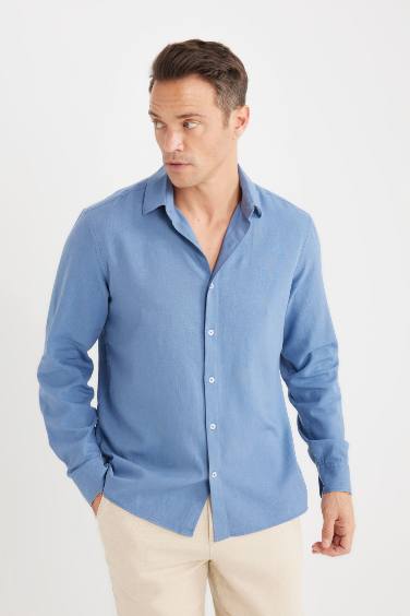 Regular Fit Polo Collar linen Long Sleeve Shirt