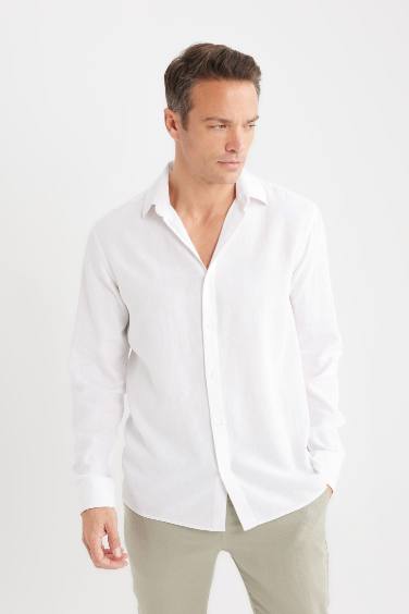 Regular Fit Polo Collar Long Sleeve Linen Shirt