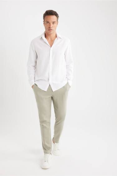Regular Fit Polo Collar Long Sleeve Linen Shirt