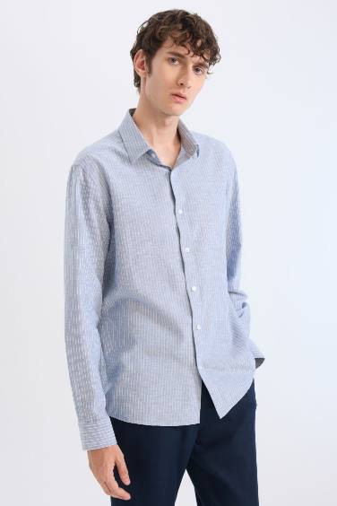 Regular Fit Polo Collar Striped Linen Long Sleeve Shirt