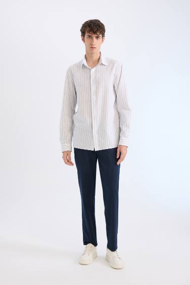 Regular Fit Polo Collar Striped Linen Long Sleeve Shirt