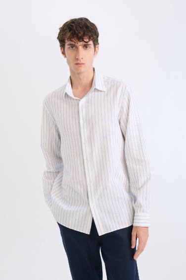 Regular Fit Polo Collar Striped Linen Long Sleeve Shirt