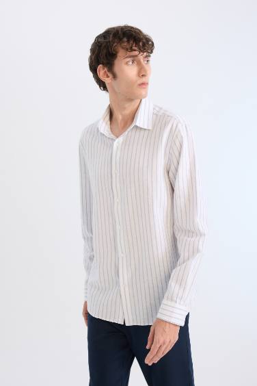 Regular Fit Polo Collar Striped Linen Long Sleeve Shirt