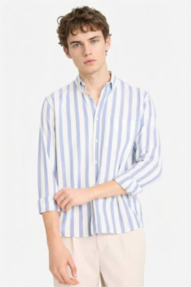 REGULAR FIT %100 Pamuk Çizgili Gömlek - Görsel 3