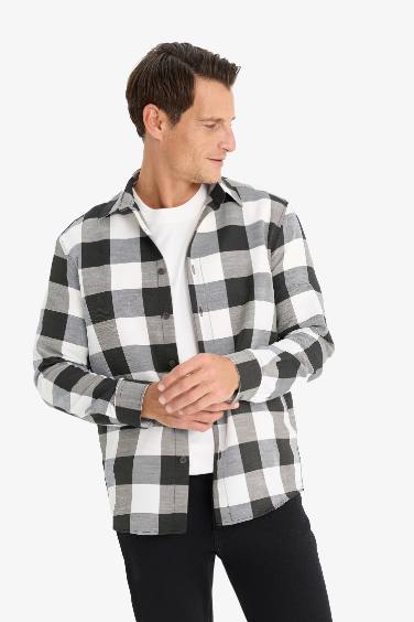 Regular Fit Polo Yaka Pamuklu Kareli Uzun Kollu Gömlek