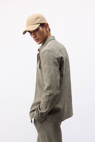 %100 Pamuk Regular Fit Polo Yaka Uzun Kollu Keten Görünümlü Gömlek