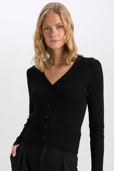 Fitted V Neck Basic Ribbed Black Cardigan