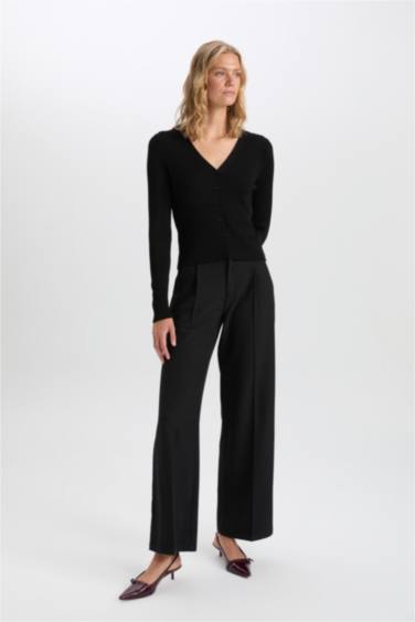 Fitted V Neck Basic Ribbed Black Cardigan