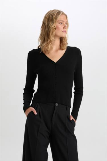 Fitted V Neck Basic Ribbed Black Cardigan