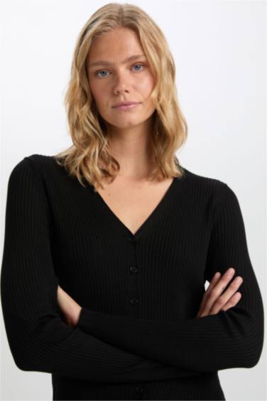 Fitted V Neck Basic Ribbed Black Cardigan