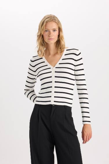 Fitted V Neck Striped Ribbed Look Viscose Cardigan