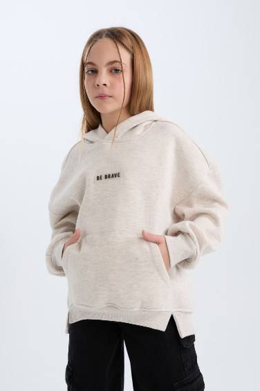 Kız Çocuk Oversize Geniş Kalıp Kapüşonlu  Baskılı İçi Yumuşak Tüylü Kalın Sweatshirt 