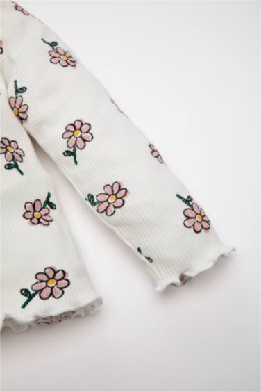 Büyük Yaka Çiçekli Fitilli Kaşkorse Uzun Kollu Tişört Kız Bebek