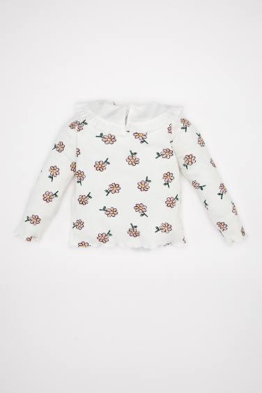 Büyük Yaka Çiçekli Fitilli Kaşkorse Uzun Kollu Tişört Kız Bebek