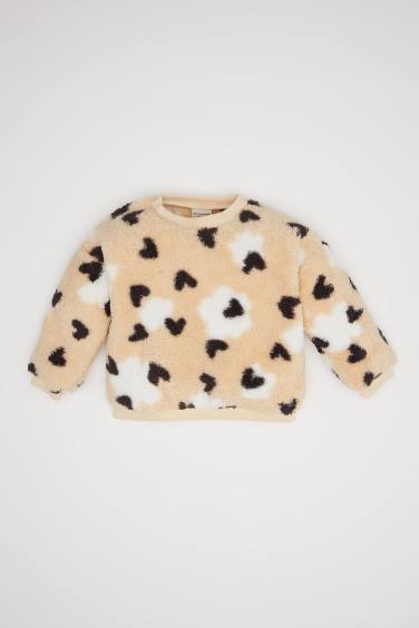 Kız Bebek Bisiklet Yaka Kalp Desenli İçi Yumuşak Tüylü Welsoft Pelüş Sweatshirt