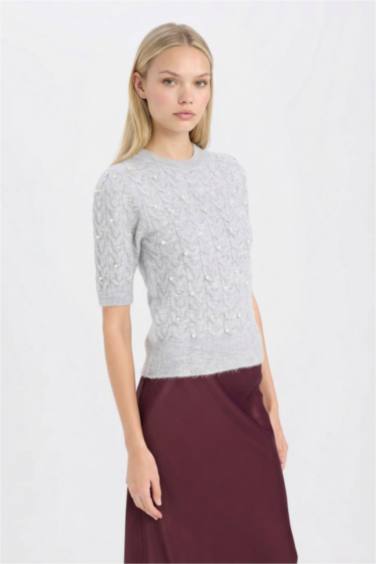 Regular Fit Bisiklet Yaka Basic Düz Yarım Kollu Triko Kazak