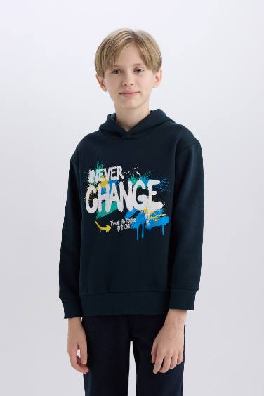 Boy Hooded Printed Sweatshirt with Soft Furry Inside