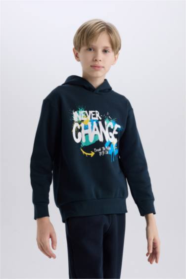 Boy Hooded Printed Sweatshirt with Soft Furry Inside