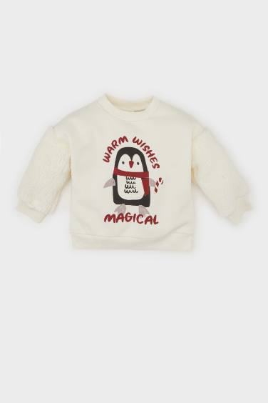 Kız Bebek Bisiklet Yaka Yılbaşı Temalı İçi Yumuşak Tüylü Sweatshirt