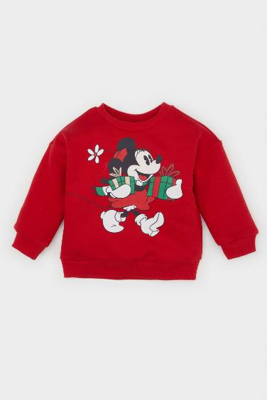 Kız Bebek Disney Mickey & Minnie Yılbaşı Temalı Bisiklet Yaka İçi Yumuşak Tüylü Sweatshirt