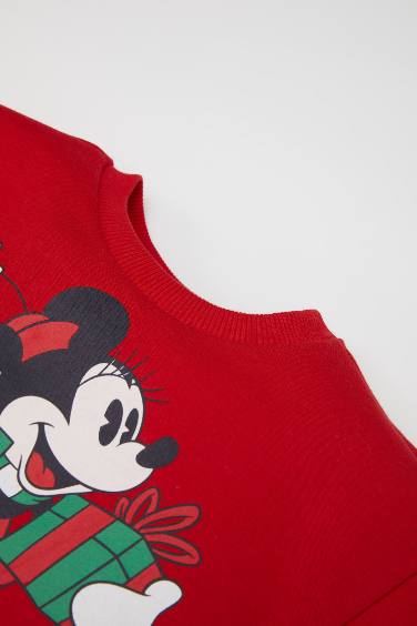 Kız Bebek Disney Mickey & Minnie Yılbaşı Temalı Bisiklet Yaka İçi Yumuşak Tüylü Sweatshirt