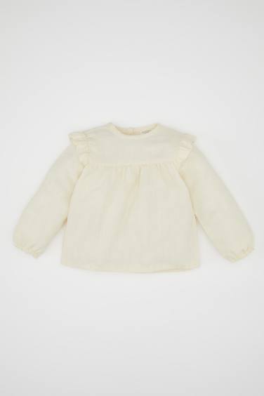 Baby Girl Crew Neck Twill Long Sleeve Shirt