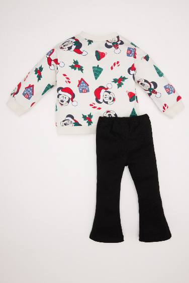 Kız Bebek Yılbaşı Temalı 2'li Takım Disney Mickey & Minnie Sweatshirt İspanyol Paça Alt