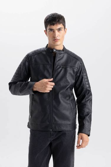 Jacket slim en simili cuir à col rond et fermeture zip