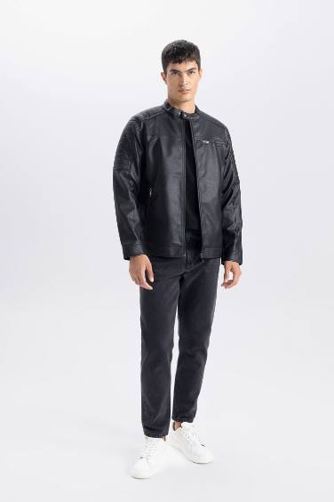 Su İtici Slim Fit Dar Kesim Dik Yaka Fermuarlı Cepli Suni Deri Mont