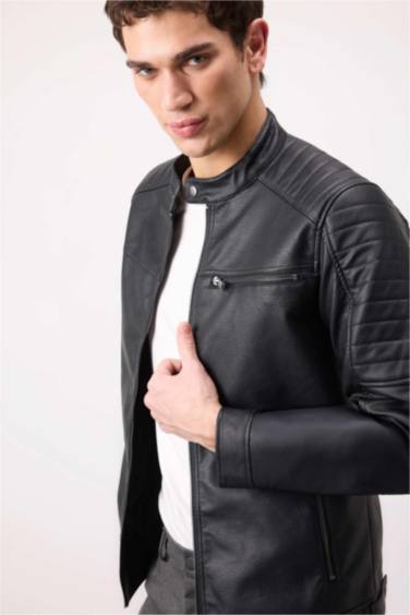 Su İtici Slim Fit Dar Kesim Dik Yaka Fermuarlı Cepli Suni Deri Mont