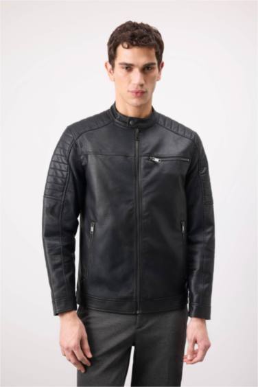 Su İtici Slim Fit Dar Kesim Dik Yaka Fermuarlı Cepli Suni Deri Mont