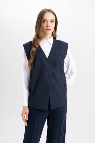 V Neck Button Closure Blazer Vest