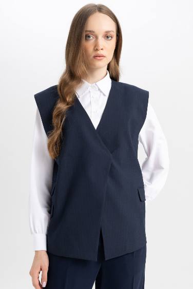 V Neck Button Closure Blazer Vest