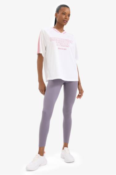 DeFactoFit Oversize Fit V Neck Slogan Printed Sports T-Shirt