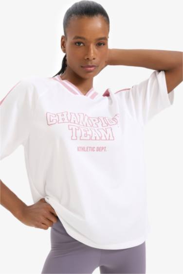 DeFactoFit Oversize Fit V Neck Slogan Printed Sports T-Shirt