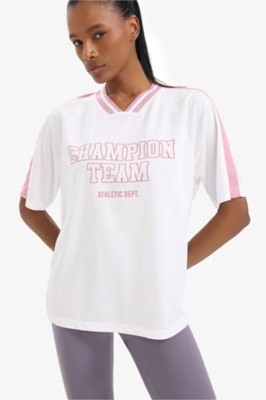 DeFactoFit Oversize Fit V Neck Slogan Printed Sports T-Shirt