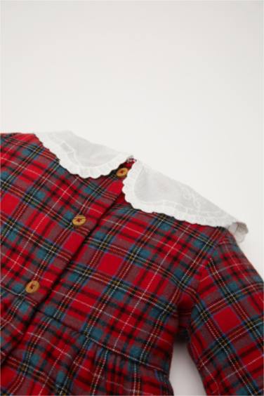 Kız Bebek Yılbaşı Temalı Kareli Uzun Kollu Flanel Elbise
