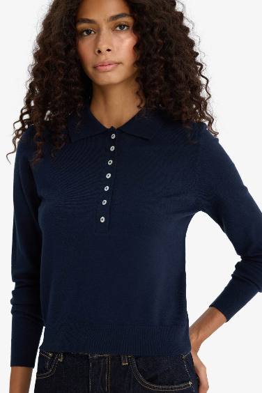 Regular Fit Polo Yaka Basic Düz Triko Kazak