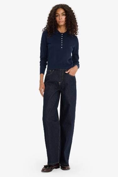 Regular Fit Polo Yaka Basic Düz Triko Kazak