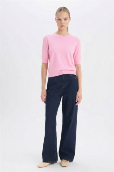 Pull en tricot basique à col rond et manches courtes Coupe régulière