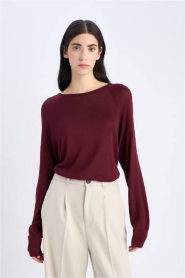 Regular Fit Bisiklet Yaka Basic Düz Bordo Triko Kazak