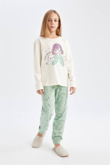 Kız Çocuk Pijama Takımı Baskılı Uzun Kollu Üst Beli Lastikli Uzun Alt