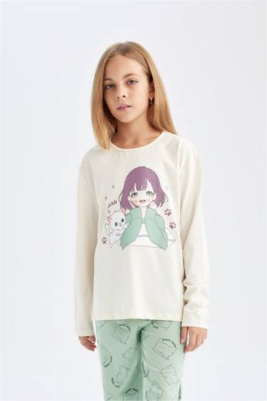 Kız Çocuk Pijama Takımı Baskılı Uzun Kollu Üst Beli Lastikli Uzun Alt