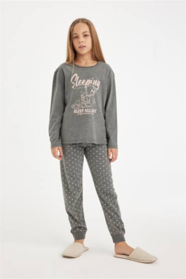 Kız Çocuk Pijama Takımı Baskılı Uzun Kollu Üst Beli Lastikli Uzun Alt